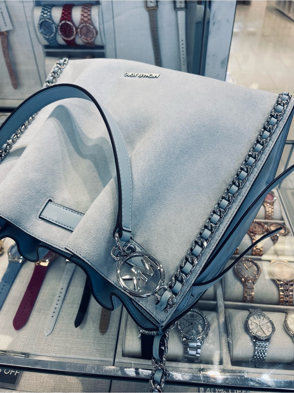 Michael Kors Mina Lg Suede Chain Shoulder Bag Pale Ocean Blue Leather NWT - Picture 10 of 16
